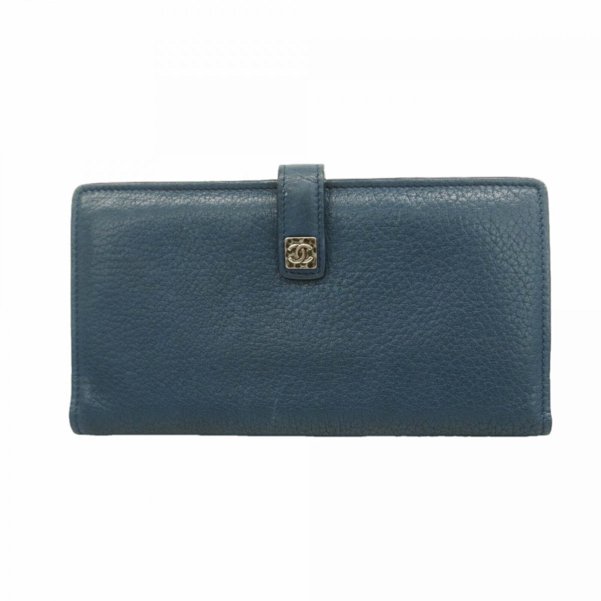 Chanel Leather Long Wallet, Blue, Women's